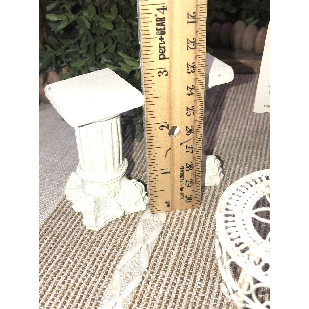 6 Pcs Miniatures White Metal Flower Cart, 2 Pedestals, Metal Chair and 2 Tables - Picture 2 of 16
